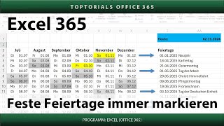 Feste Feiertage im Kalender jedes Jahr farbig markieren  Excel 365 Tutorial [upl. by Nuarb]