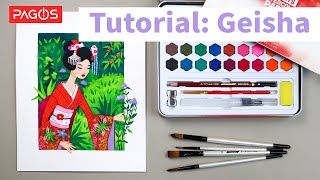 Watercolor Tutorial How To Make Watercolor Geisha Painting With Pagos Art Watercolor Set [upl. by Carmelo]