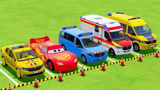 TRANSPORTING ALL POLICE CARS and AMBULANCE EMERGENCY VEHICLES WITH MAN TRUCKS  Farming Simulator 22 [upl. by Arutek]