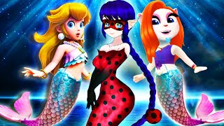 Princess Peach Mermaid vs Miraculous Ledybug Mermaid amp My talking Angela 2 amp New Update amp Cosplay [upl. by Serra]