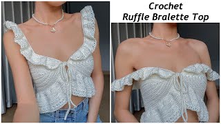 Crochet Ruffle Bralette Top Tutorial  Chenda DIY [upl. by Ilrebmyk]