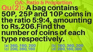 Q2  A bag contains 50p 25p and 10p coins in 594 amounting to Rs206 Find no of coins of each [upl. by Ethelstan]