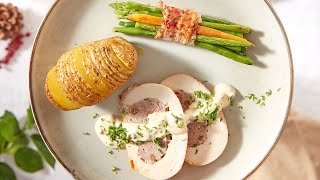 Recept  Gevulde kalkoenfilet met groenterolletjes en Hasselbackaardappelen  Colruyt [upl. by Moberg]