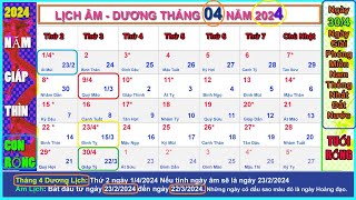 Lịch âm dương tháng 4 năm 2024  Lịch vạn niên tháng 42024 Ngày Lễ Tháng 42024 [upl. by Kenwrick]