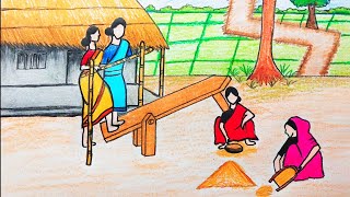 How to draw Village scenery with working woman  Indian Village Scenery drawing  Prakritik drishya [upl. by Eelynnhoj775]