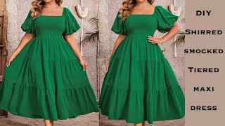 EASY SHIRREDSMOCKED TIERED MAXI DRESS How To Make An Off shoulder Tiered Smocked Dress [upl. by Halsy]