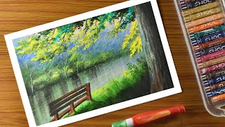 Oil pastel Landscape drawing  Nature Trees lake park scenery step by step [upl. by Jandy]