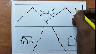 How to draw natural scenery Mountain drawing  Beautiful scenery drawing  Landscape drawing easy [upl. by Arabel623]