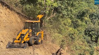 Huge Trees Felling Down amp Widening Narrow Mountain Road with JCB Backhoe [upl. by Heintz]