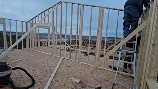 Second floor interior walls Top plates SheathingDeck ledger board [upl. by Kadner]