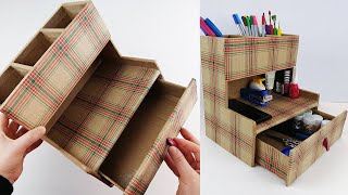 DIY  Desktop Organizer from Cardboard  Pen Holder Organizer  Paper Craft  Cardboard Craft [upl. by Payson]