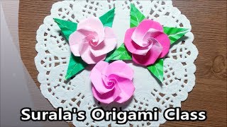 Origami  Cute Rose amp Leaves  종이접기  귀여운 장미와 잎사귀 팽이장미 [upl. by Drofnelg]