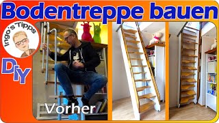 Bodentreppe Raumspartreppe Dachboden mit integriertem Geländer berechnen selber bauen  IngosTipps [upl. by Filberte742]