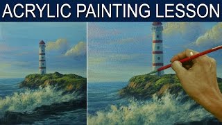 Acrylic Landscape Painting Tutorial  Lighthouse and Crashing Waves by JM Lisondra [upl. by Mcbride]