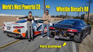 Whistlin Diesel New 1400HP R8 Sends Parts Flying Racing My 1000HP Twin Turbo C8 [upl. by Horsey670]