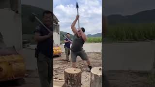 Handheld Steel Axe Chopping Wood Process [upl. by Lindgren]