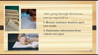 ENG5 Q3 W3 Restating and Summarizing Information from various Text Types [upl. by Burkhardt]