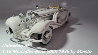 118 MercedesBenz 500K Typ Special Roadster 1936 by Maisto scale diecast car unboxing [upl. by Ailedo]