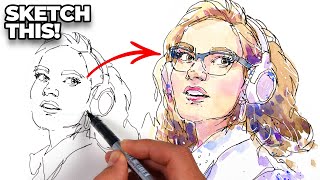 How to sketch a PORTRAIT for beginners Stepbystep ink amp watercolor TUTORIAL [upl. by Jensen]