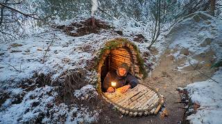 Building a Warm and Cozy Dugout for Survival Log Shelter Secret cave Winter Bushcraft [upl. by Nosaj536]