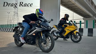 Finally Hero Karizma Xmr 210 vs Yamaha R15 v4 Drag Race  Real Results  Karizma vs r15 race [upl. by Laris]