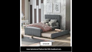 Linen Upholstered Platform Bed With Headboard and Trundle Full [upl. by Eelyek]