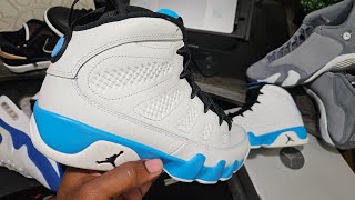 nike unboxing og EARLY LOOK  AIR JORDAN 9 RETRO quotPOWDER BLUEquot  IN HAND REVIEW [upl. by Li896]