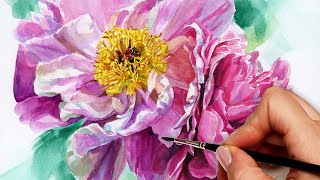 Pink Peony Flowers Realistic Watercolor Botanical Painting Tutorial [upl. by Aihcropal]