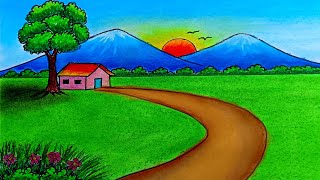 how to draw a beautiful landscape easy for beginners  scenery drawing [upl. by Ahusoj523]