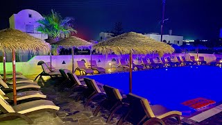 Greece Day 3  Kamari Beach Santorini  Hotels pools restaurants  Live music nightlife [upl. by Ysset]