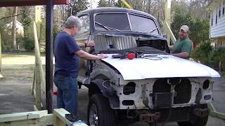 The body is on the frame Putting a square peg in a round hole 1948 Ford Sedan body swap Part 16 [upl. by Ahsikal422]