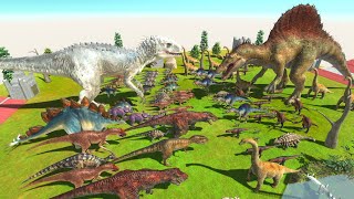 Dinosaurs War  Team Indominus Rex vs Team Spinosaurus  Animal Revolt Battle Simulator [upl. by Sivolc]