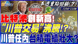 比特幣創新高！ 特斯拉大漲15！ ＂川普交易＂沸騰！？ 輝達飆市值破36兆美元！川普任內台積電續壯大？｜2024110420241108【本週重點回顧 下】 [upl. by Enyalahs176]