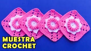 Cuadrado o muestra a crochet con flores en punto rococo para colchas cojines mantitas [upl. by Gaspar]