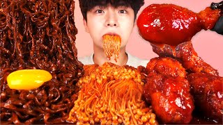 ENG SUBSpicy Enoki MushroomBlack Bean NoodleChicken Eat Mukbang🍗Korean ASMR 후니 Hoony Eatingsound [upl. by Cindra]