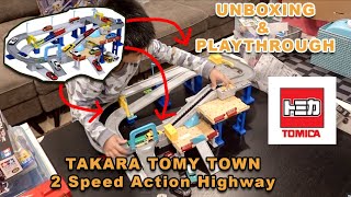 Takara Tomy Tomica City Town 2 speed Action Highway playset UNBOXING amp Playthrough [upl. by Ramonda]