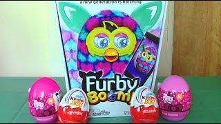 Furby Boom Hello Kitty Surprise Eggs Kinder Joy Surprise Eggs Furby Boom Eats Kinder Surprise Egg [upl. by Hassadah306]