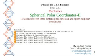 Lecture 211 Relation between three dimensional Cartesian and spherical polar coordinates [upl. by Einra]