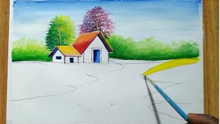 how to draw easy scenery with poster colorhow to draw simple sceneryvillage scenery painting [upl. by Kerwinn859]