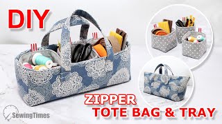 DIY ZIPPER TOTE BAG amp TRAY  Organizer Pouch Bag Tutorial sewingtimes [upl. by Peskoff]