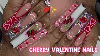 CHERRY VALENTINE NAIL FREESTYLE 💋✨🍒  HOW TO BLING FRENCH 💎 FULL ACRYLIC NAIL TUTORIAL 🤍 [upl. by Assej30]