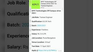 KPIT Technologies Off Campus Drive 2021 for Trainee Engineer BEBTech Fresher Sal36 lac Banglore [upl. by Einreb]