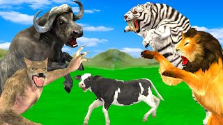 Black Lion Fight White Tiger Vs Lion King Attack Cow Cartoon Buffalo Elephant Save By Woolly Mammoth [upl. by Timotheus341]