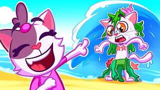 Big Wave 🌊 How To Swim Like Mermaids 🧜‍♀️ Cat Family At The Beach 😸🏖️ [upl. by Domenico]