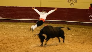 Men jumping over a charging bull  Recortadores [upl. by Lymn155]