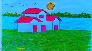 How to draw a village scenery  beautiful landscape scenery scenery DrawinggraphyArt [upl. by Latreese12]