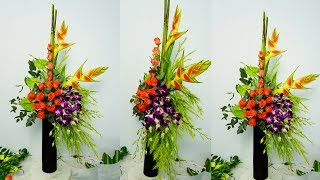 How To MAKE Arrange ROSE Heliconia flower TALL VASE AT HOME EPS 114 [upl. by Cranford269]