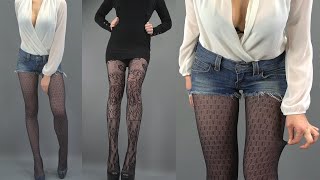 BLUE Pantyhose vs BLACK Pantyhose Patterned Flower Mesh  TRY ON amp REVIEW  Outfit Ideas [upl. by Dilahk]