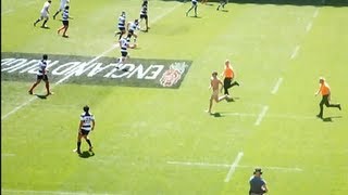 Slow Motion epic streaker scores try in England rugby match at Twickenham [upl. by Eikcim25]