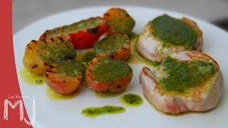 SOLOMILLO DE CERDO CON SALSA CHIMICHURRI Y PATATAS PERUANAS  Receta a la plancha fácil y rápida [upl. by Gino]